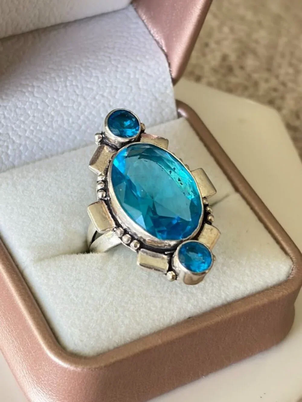 Simulated Blue Topaz Three Stone Statement Ring 925 Silver Plated - Size 8.5